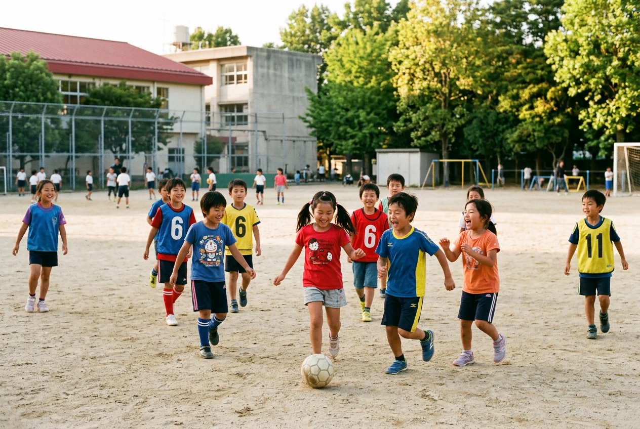仲間と笑顔でサッカーを楽しむ子どもたち