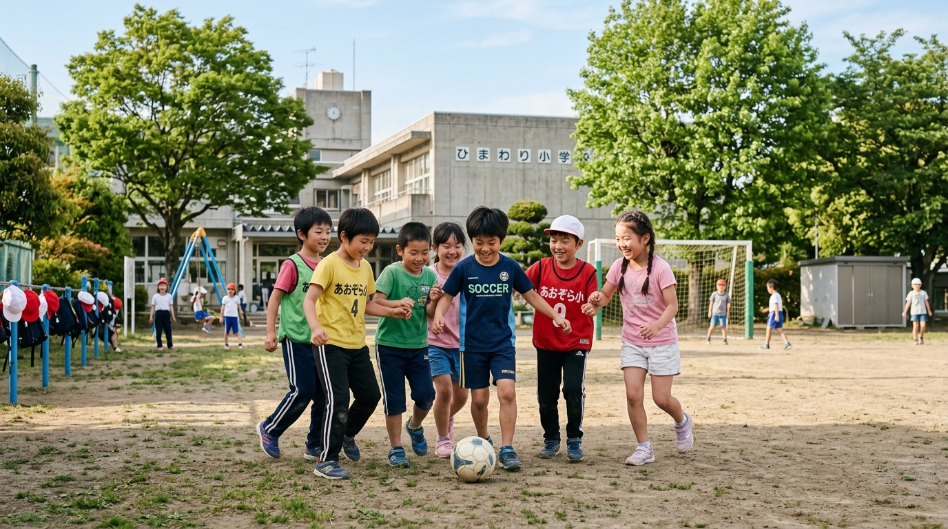 みどり台小学校校庭でサッカーを楽しむ子どもたち